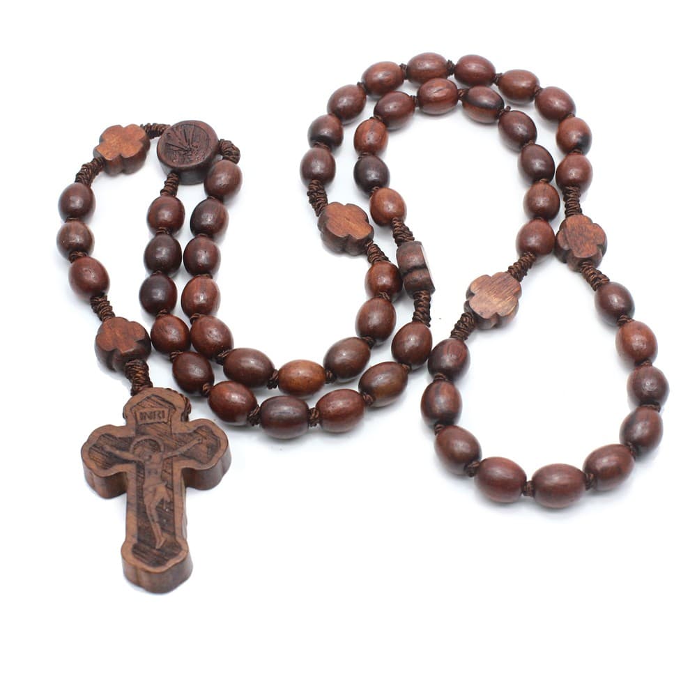 Handmade Dark Wooden Catholic Rosary Beads Necklace with Carved Jesus Crucifix Cross, Rosaries product image